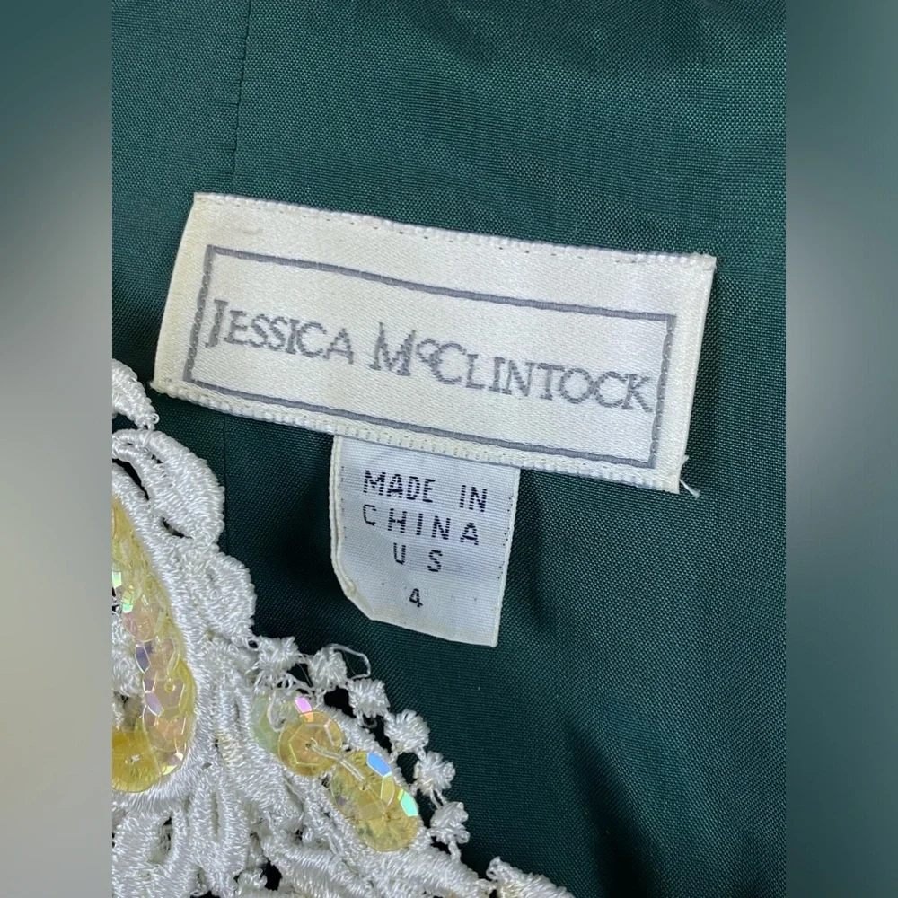 Jessica McClintok Vintage Velvet Lace‎ and Beaded Dress 4 Green 80’s Petticoat - Picture 6 of 12